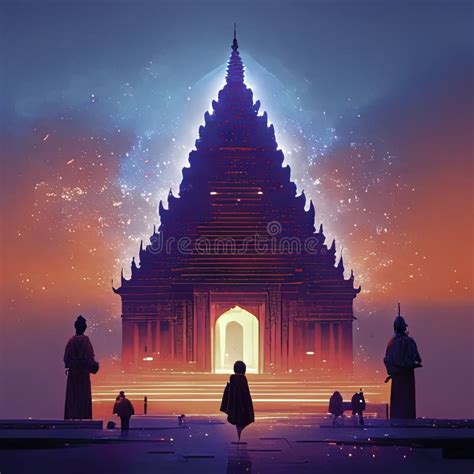 Illustration Of Bali Temple At Night With Full Moon In Background