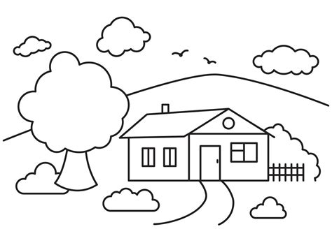 Line art landscape, village house, trees, plants, clouds and birds ...