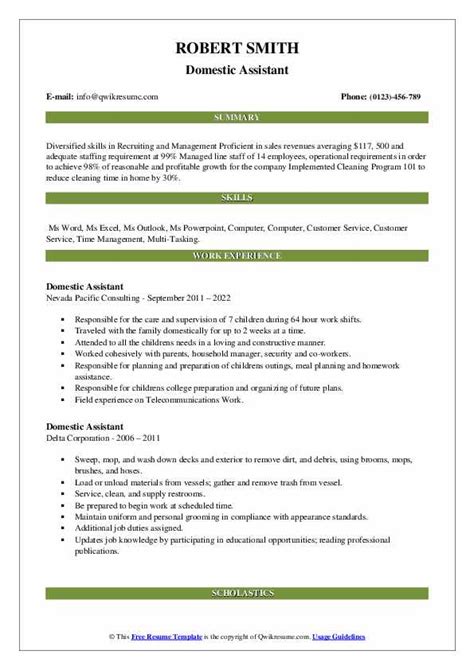 Domestic Assistant Resume Samples Qwikresume