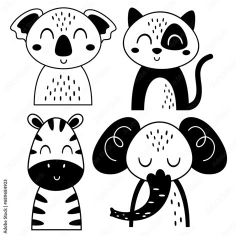 black  white animals clipart  cartoon flat style cute woodland