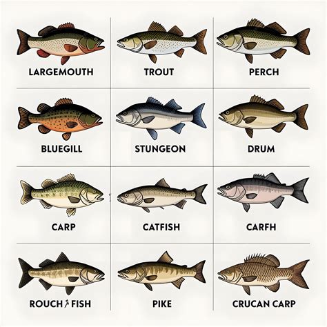 Twelve Types of Fish Largemouth Trout Perch Bluegill Sturgeon Drum