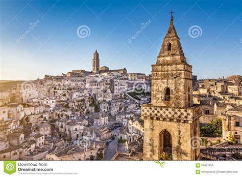 Alte Stadt Von Matera Sassi Di Matera Bei Sonnenaufgang Basilikata