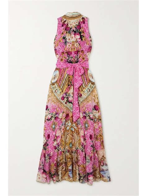 Camilla Tie Detailed Crystal Embellished Printed Silk Crepe Maxi Dress