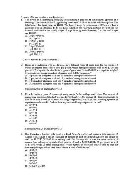 Systems Of Linear Equations Word Problems Pdf Homework Nature