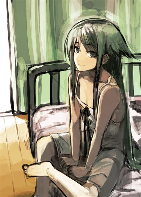 Safebooru Bare Shoulders Barefoot Bed Chemise Flat Chest Green Eyes