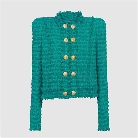 Balmain Women Fringed Tweed Jacket Green