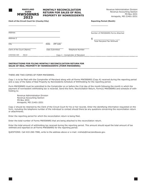 Maryland Form MW508NRS RAD 309 Fill Out Sign Online And