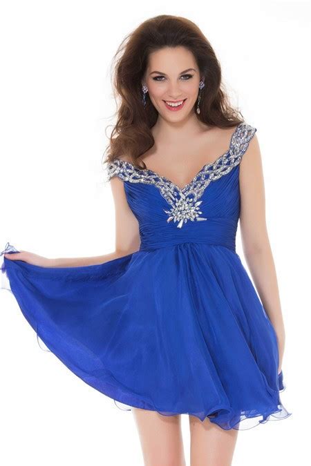 A Line Deep V Neck Short Royal Blue Chiffon Beading Homecoming Prom Dress