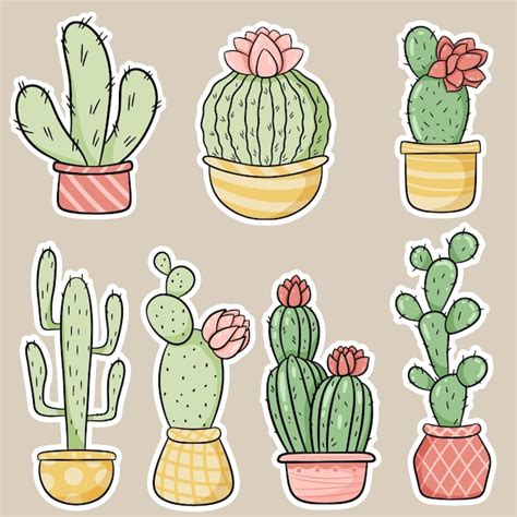 Premium Vector Set Of Stickers Of Cacti And Succulents In A Cartoon