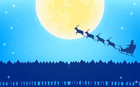 Premium Vector Santa Claus Flying In Reindeer Sleigh Full Moon And Fir Tree Silhouette Background