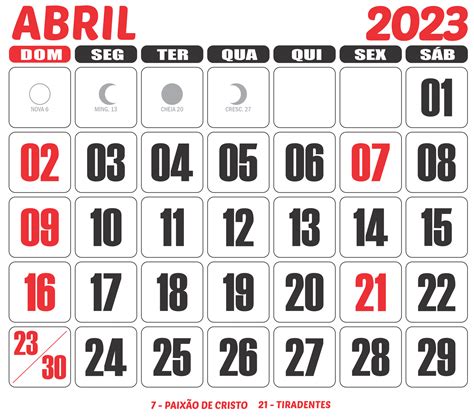 Calendario Abril 2023 Com Feriados Para Imprimir Em Formato Png