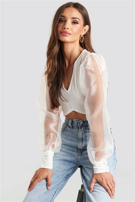 Organza Cropped Blouse White L Ssige Fr Hlingsmode Bauchfreie Tops