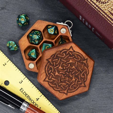 Keychain Hex Chest Dice Box Cherry With Inlaid Mahogany Celtic Knot