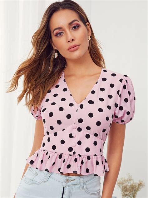 Shein Puff Sleeve Button Detail Peplum Top Tops Hipster Outfits