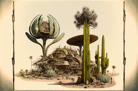 Premium AI Image | A drawing of a desert with cactus and cactus.