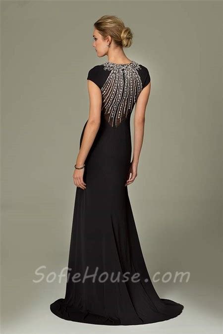 Modest Sheath High Neck Cap Sleeve Long Black Chiffon Beaded Formal