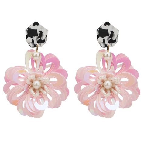 2018 New Sequins Big Flower Earrings Simulated Pearl Long Statement