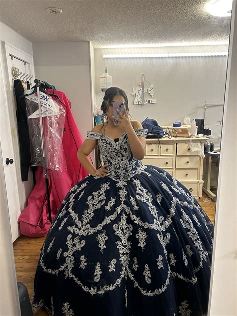 Navy Blue And Silver Quinceañera Dress With Two Hoop … - Gem