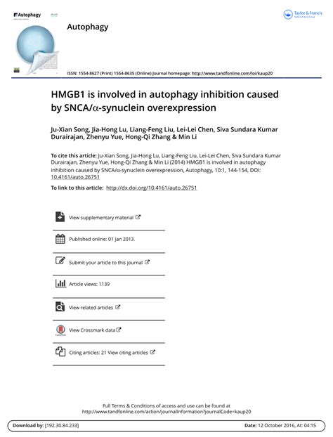 Pdf Hmgb1 Is Involved In Autophagy Inhibition Caused By Snca α