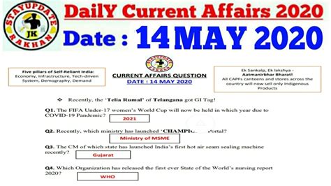 Daily Current Affairs Questions Of 14 May 2020 Youtube