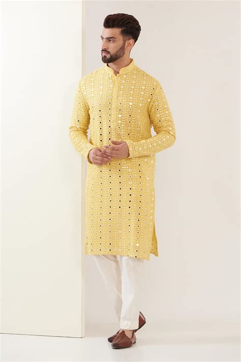 Buy Yellow Georgette Embroidered Mirror Work Kurta For Men By Kasbah