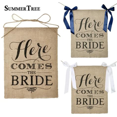 Here Comes The Bride Sign Burlap Banner With Navy Blue Ribbons Wedding