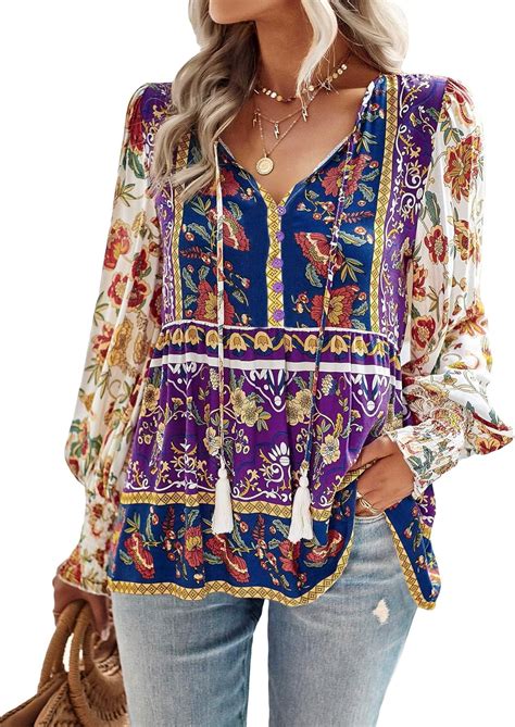 Oyoangle Women S Floral Print Tassel Tie V Neck Long Lantern Sleeve