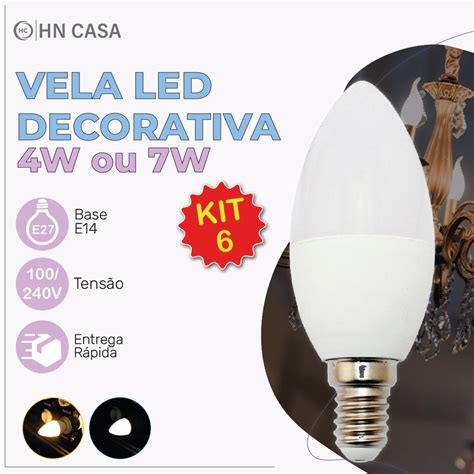 Kit 6 Lâmpadas LED Vela Fosca 4W 7W E14 Bivolt Branco Frio 6500K