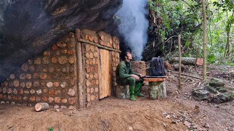 Building Complete Survival Bushcraft Shelter Under The Giant Rock Off