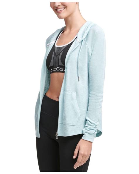 Calvin Klein Cotton Performance Ruched Sleeve Zip Hoodie In Crystal Blue Green Lyst