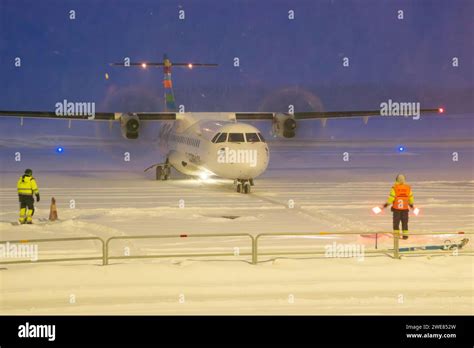 Braathens Airline Atr 72 600 Aircraft Taxiing In Heavy Snow Passenger Plane In Snow At The