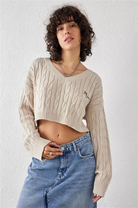 Bdg Cropped Cable Knit Sweater Urban Outfitters