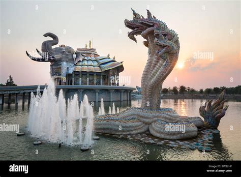 Seven-headed Naga serpent and fountain in front of the Elephant Temple ...