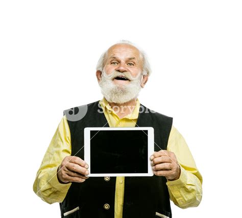 Old Active Bearded Man With Digital Tablet Isolated On White Background