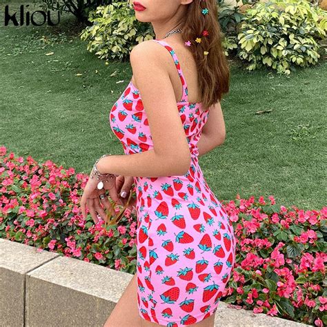 Strawberry Print Pink Sweet Summer Dress Strapless Sleeveless Women