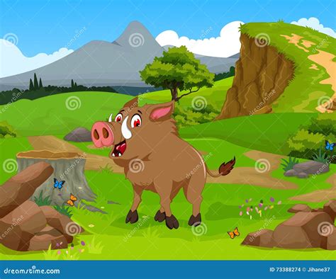 Funny Wild Boar Cartoon In The Jungle With Landscape Background Stock Photo | CartoonDealer.com ...