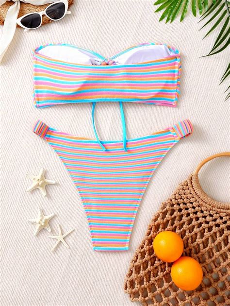 SHEIN Swim Mod Bandeau BH und Bikini Höschen Set mit Streifenmuster Große Größen für Damen für
