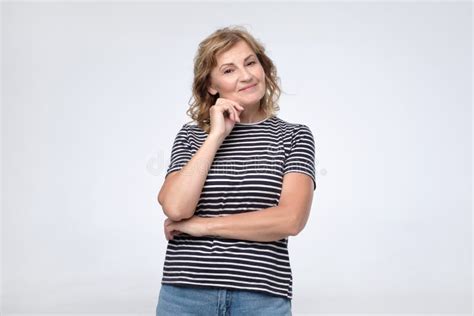 Happy Mature Woman Standing Smiling At Camera Stock Photo Image Of Blonde Attractive