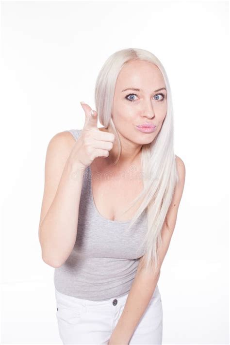 Blonde Girl Shows Fingers Direction Stock Photo Image Of Background Bargain