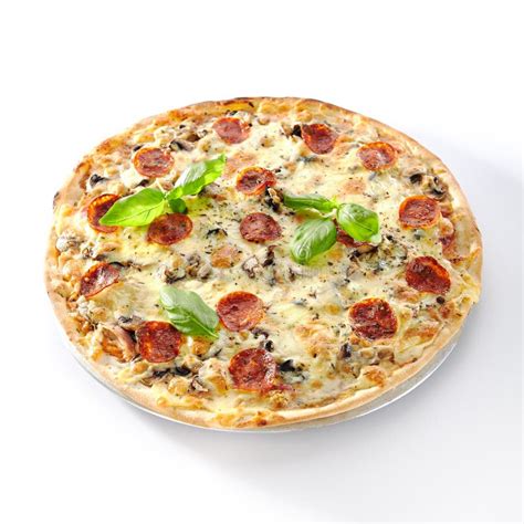 Traditional Italian Pepperoni Pizza With Mushrooms And Salami Isolated