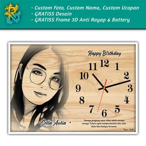 Jual Jam Dinding Kotak Minimalis Custom Foto Ucapan Bingkai Hadiah