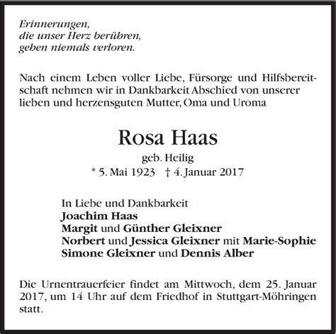 Traueranzeigen Von Rosa Haas Stuttgart Gedenkt De