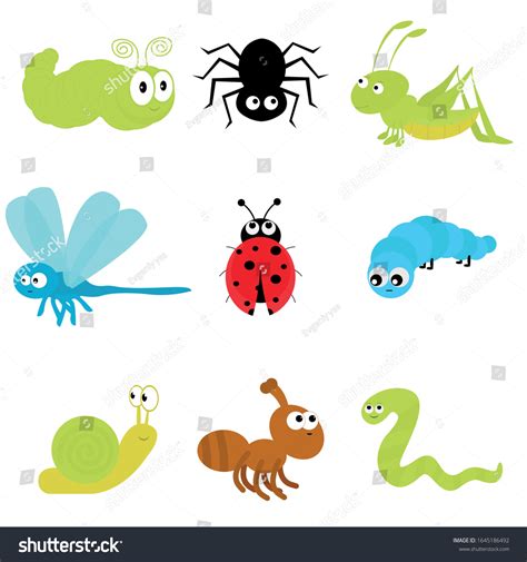 Kawaii Caterpillar Spider Grasshopper Dragonfly Ladybug Stock Vector