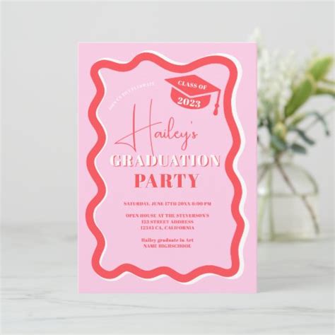 Retro Pink Red Curve Squiggle Wavy Graduation Invitation Zazzle