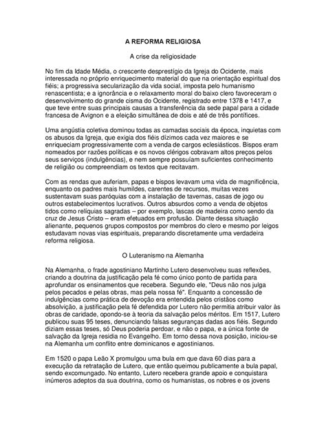 A Reforma Religiosa Texto Base Para Ensino Fundamental E Medio Docsity