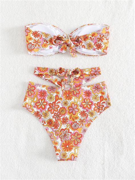 Floral Print Ring Linked Bandeau Bikini Swimsuit Shein Usa