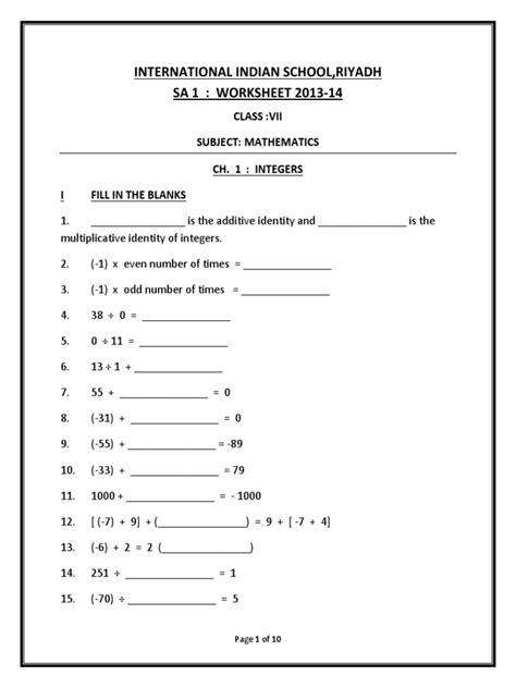 Cbse Class 7 Maths Worksheet Integers Download Free Pdf Worksheets Library