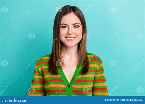 Photo Of Cheerful Adorable Woman Dressed Striped Cardigan Smiling White