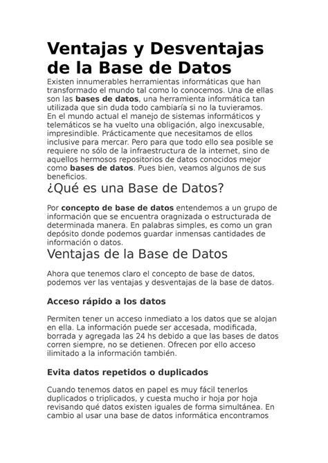 Informatica Ventajas Y Desventajas De La Base De Datos Ventajas Y