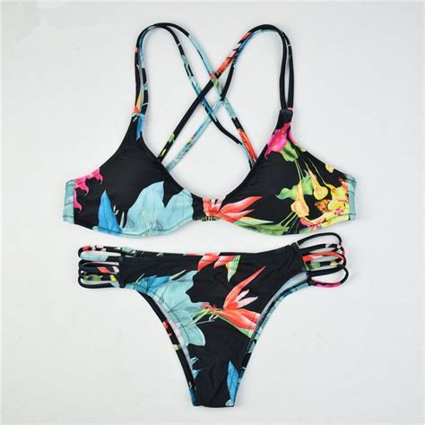 Black Floral Swimsuit Swimwear Bikini Set Bikinis Moda Trajes de baño